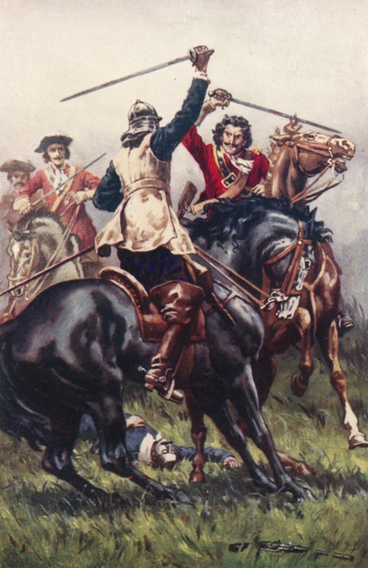 Pelea entre un Ironside y un Cavalier (litografía en color) de Allan (after) Stewart
