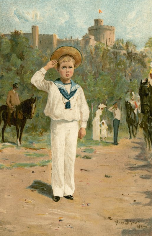 S.A.R. el Príncipe Eduardo de Gales saludando a las Banderas (litografía en color) de Allan (after) Stewart