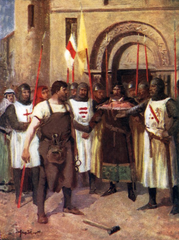 Hubert de Burgh y el herrero (litografía en color) de Allan (after) Stewart