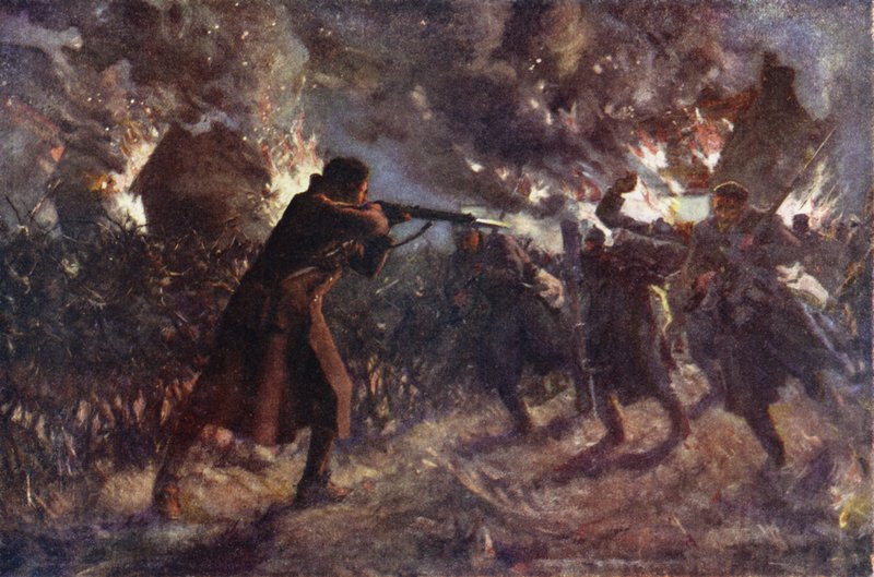 El soldado James Meston atacando, con una sola mano, a varios de los enemigos que avanzaban tras capturar una trinchera británica, Primera Batalla de Ypres, 31 de octubre de 1914 (litografía en color) de Allan (after) Stewart
