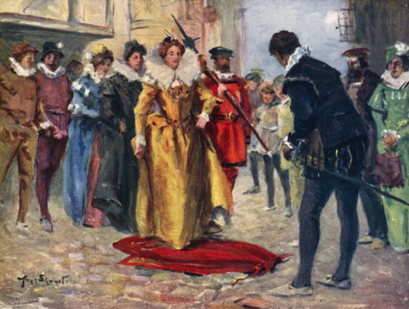 Raleigh se despojó de su manto gay y lo puso sobre el parche miry (litografía en color) de Allan (after) Stewart
