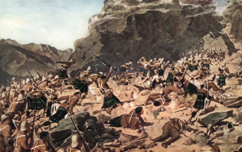 La carga de los Gordon Highlanders en Dargai (litografía en color) de Allan (after) Stewart