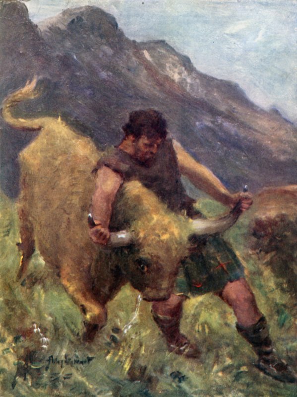 Cuando estaba luchando con él, uno de sus cuernos se desprendió en sus manos (litografía en color) de Allan (after) Stewart