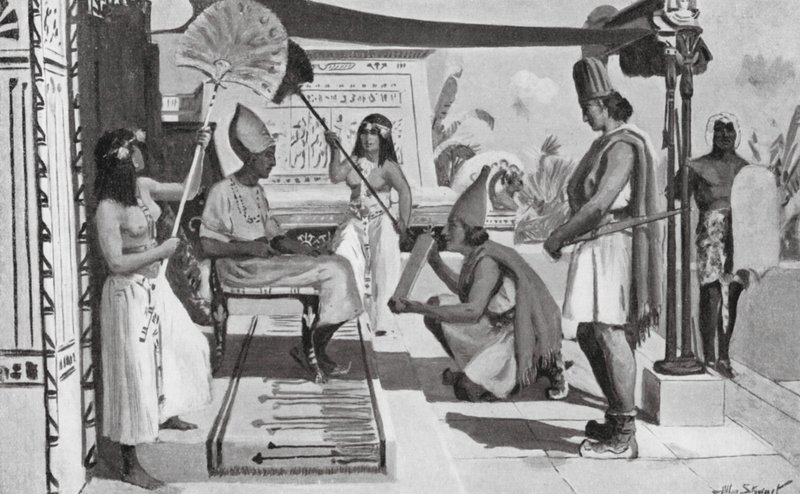 Ramsés II recibiendo una copia de su tratado con los hititas (litografía) de Allan Stewart
