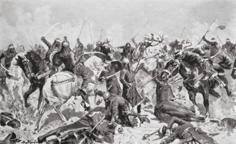 La última batalla de los rajputs contra los mahometanos en 1192 d.C. (litografía) de Allan Stewart