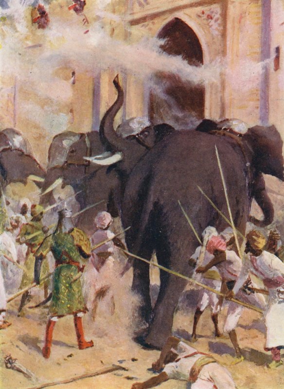 Elefantes de guerra cargan contra las puertas del fuerte de Arcot (litografía en color) de Allan Stewart