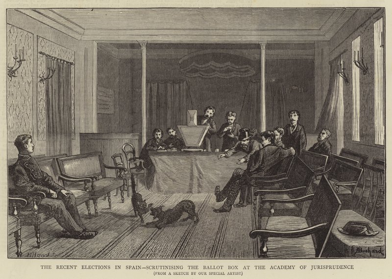 Las recientes elecciones en España, escrutando la urna en la Academia de Jurisprudencia de Alphonse Adolphe Bichard