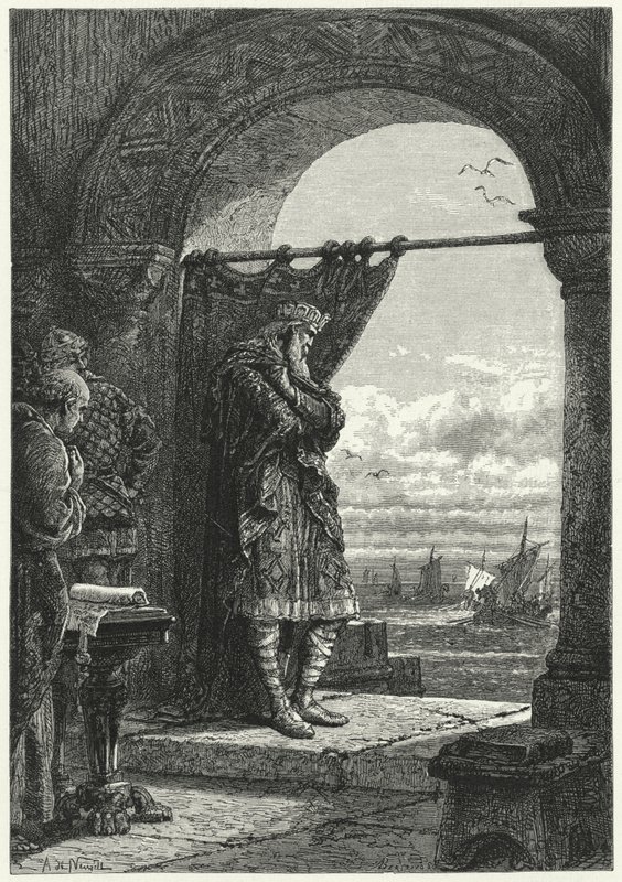 Carlomagno observando ansiosamente la llegada de barcos con invasores normandos de Alphonse Marie de (after) Neuville