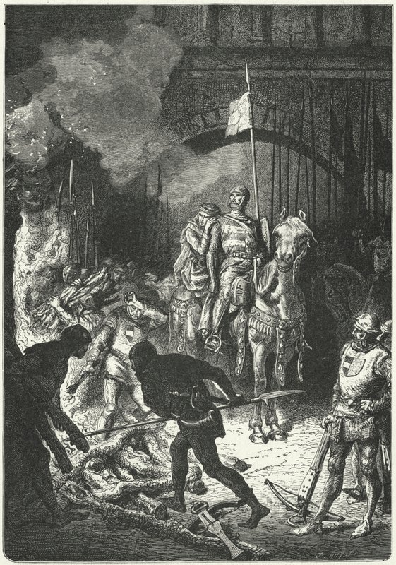 El Cid, acompañado por su esposa Doña Jimena, supervisa la construcción de la pira funeraria de Ahmed, Rey Moro de Valencia de Alphonse Marie de (after) Neuville