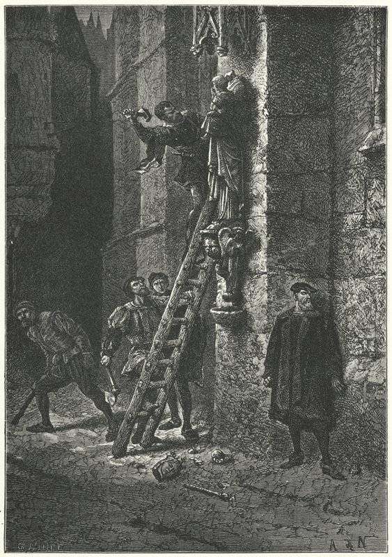 Protestantes destruyendo una estatua de la Virgen y el Niño en Notre Dame, París de Alphonse Marie de (after) Neuville