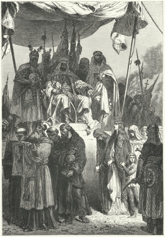 Saladino observando a los cristianos capturados pasar después de su captura de Jerusalén de Alphonse Marie de (after) Neuville
