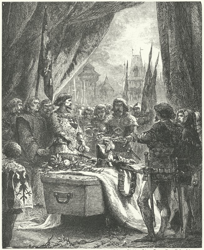 El comandante de Châteauneuf de Randon colocando las llaves de la ciudad en el ataúd de Bertrand du Guesclin de Alphonse Marie de (after) Neuville