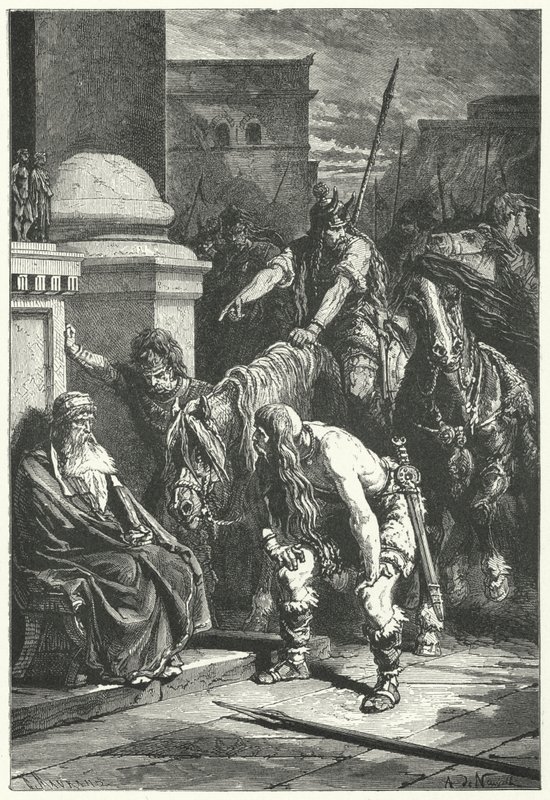 La muerte del cónsul romano Marco Papirio en el saqueo galo de Roma, 387 a.C. de Alphonse Marie de (after) Neuville