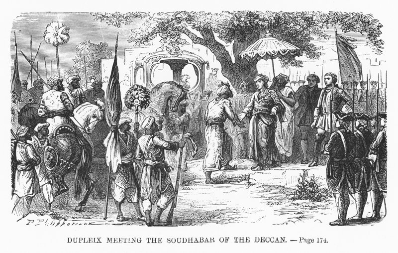 Dupleix reuniéndose con el Soudhabar del Decán, ilustración de 