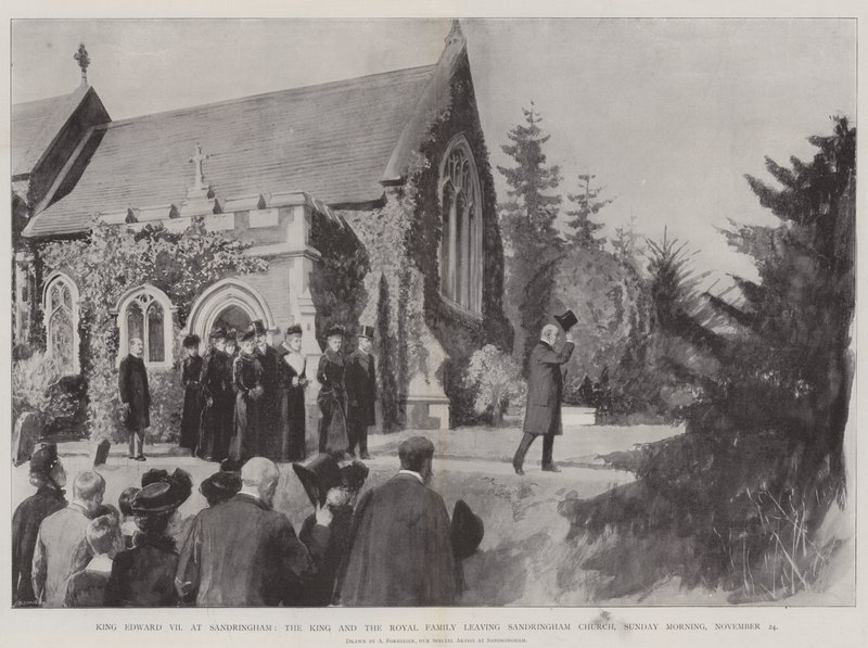 El Rey Eduardo VII en Sandringham, el Rey y la Familia Real saliendo de la iglesia de Sandringham, domingo por la mañana, 24 de noviembre de Amedee Forestier