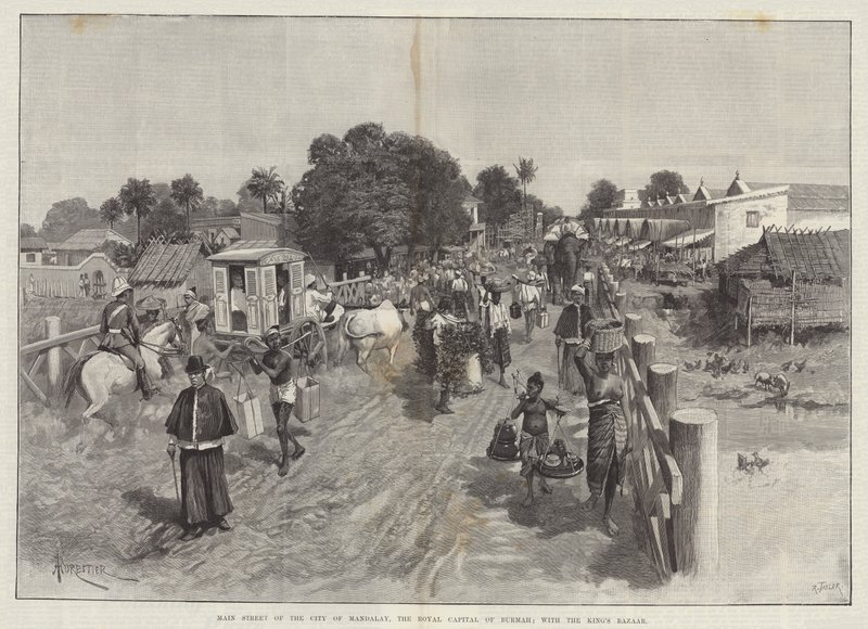 Calle Principal de la Ciudad de Mandalay, la Capital Real de Birmania; con el Bazar del Rey de Amedee Forestier