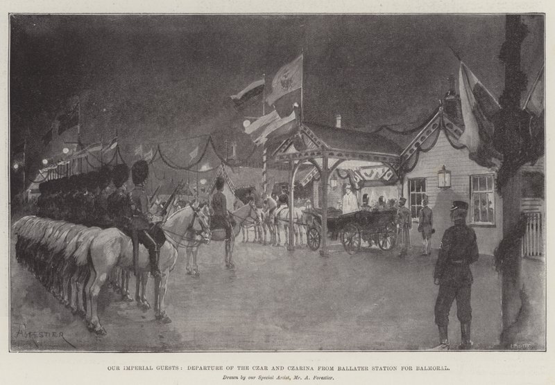 Nuestros Huéspedes Imperiales, Salida del Zar y la Zarina de la Estación de Ballater hacia Balmoral de Amedee Forestier