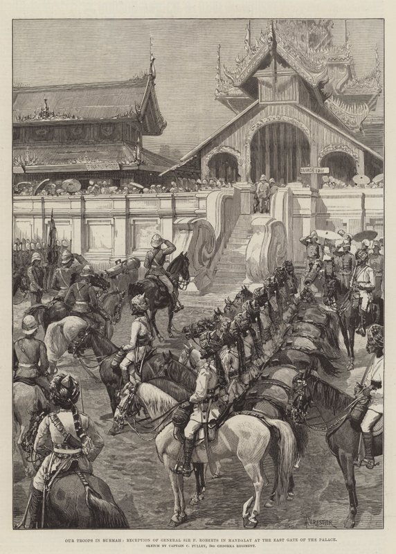 Nuestras tropas en Birmania, recepción del General Sir F. Roberts en Mandalay en la Puerta Este del Palacio de Amedee Forestier