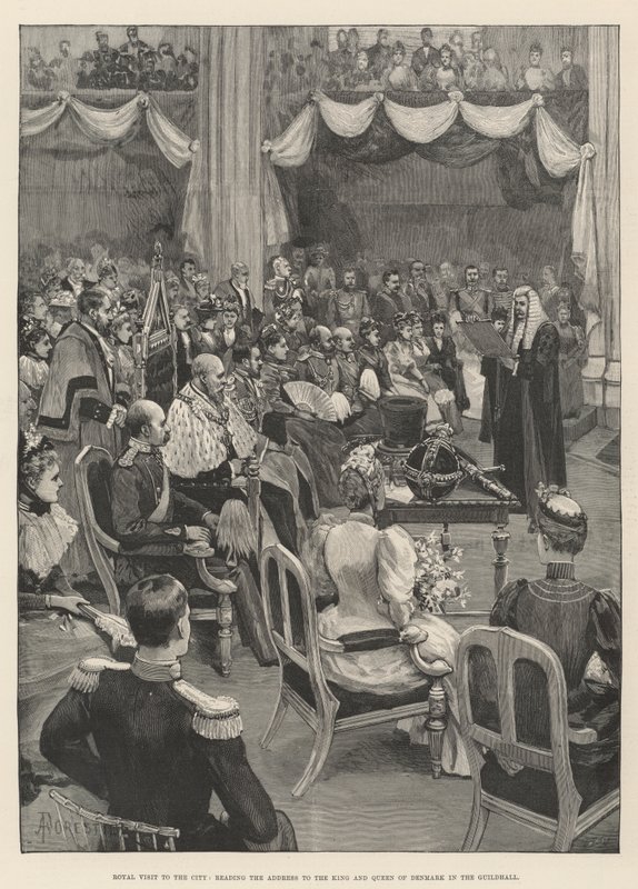 Visita real a la ciudad, lectura del discurso al Rey y la Reina de Dinamarca en el Guildhall de Amedee Forestier