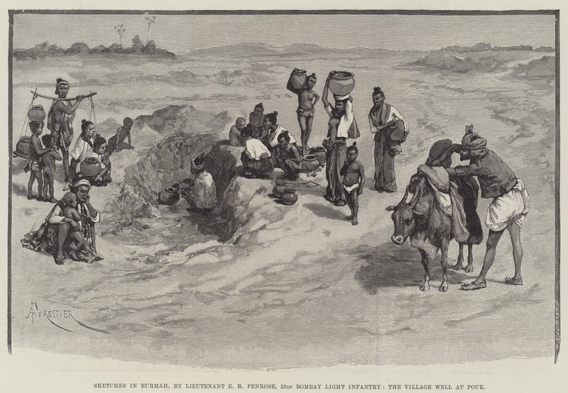 Bocetos en Birmania, por el Teniente E R Penrose, 23ª Infantería Ligera de Bombay, el Pozo del Pueblo en Pouk de Amedee Forestier