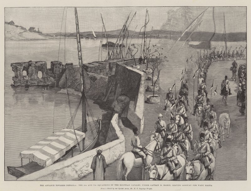 El avance hacia Dongola, los escuadrones 5º y 7º de la caballería egipcia, bajo el mando del Capitán D Mahon, saliendo de Assouan hacia Wady Halfa de Amedee Forestier