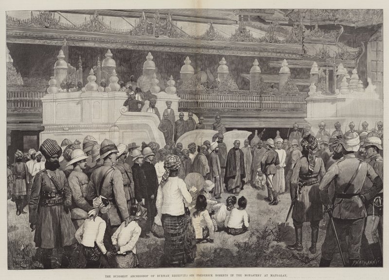 El Arzobispo Budista de Birmania recibiendo a Sir Frederick Roberts en el Monasterio de Mandalay de Amedee Forestier