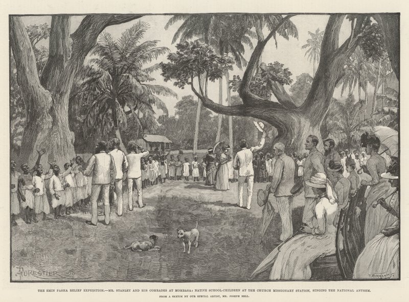 La expedición de socorro de Emin Pasha, el Sr. Stanley y sus camaradas en Mombasa, niños de la escuela nativa en la estación misionera de la iglesia, cantando el himno nacional de Amedee Forestier