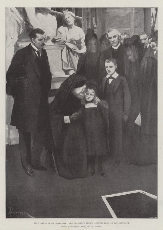 El funeral del Sr. Gladstone, la Sra. Gladstone besando a Dorothy Drew en la tumba de Amedee Forestier