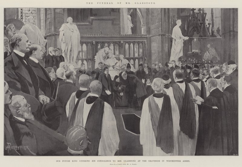 El funeral del Sr. Gladstone, nuestro futuro rey ofreciendo su condolencia a la Sra. Gladstone en la tumba en la Abadía de Westminster de Amedee Forestier