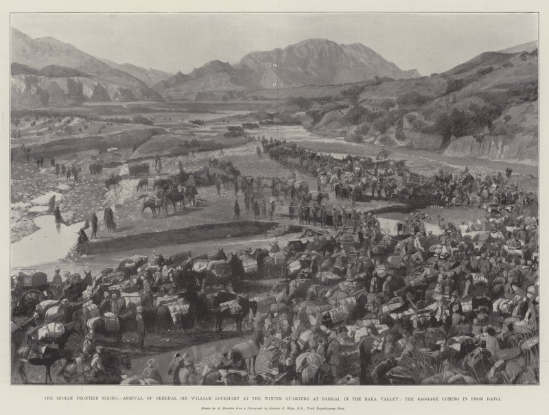 El levantamiento en la frontera india, llegada del general Sir William Lockhart a los cuarteles de invierno en Barkai, en el valle de Bara, el equipaje llegando desde Datoi de Amedee Forestier