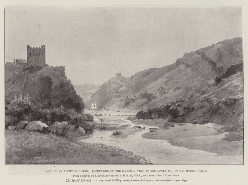 El levantamiento de la frontera india, ocupación del Khyber, vista en el extremo inferior de la garganta de Ali Musjid de Amedee Forestier