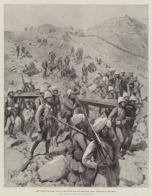 El levantamiento de la frontera india, la lucha por el paso de Sempagha, trayendo a los muertos de Amedee Forestier