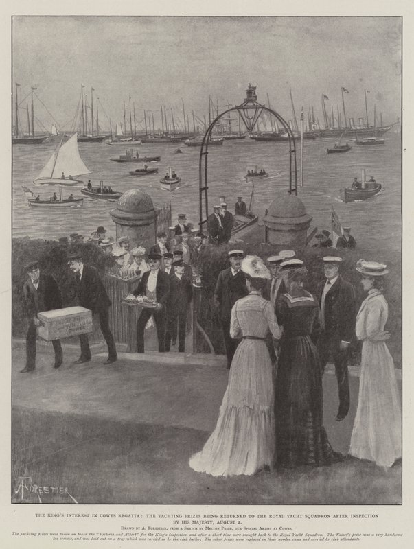 El interés del rey en la regata de Cowes, los premios de yates devueltos al Royal Yacht Squadron después de la inspección de Su Majestad, 2 de agosto de Amedee Forestier