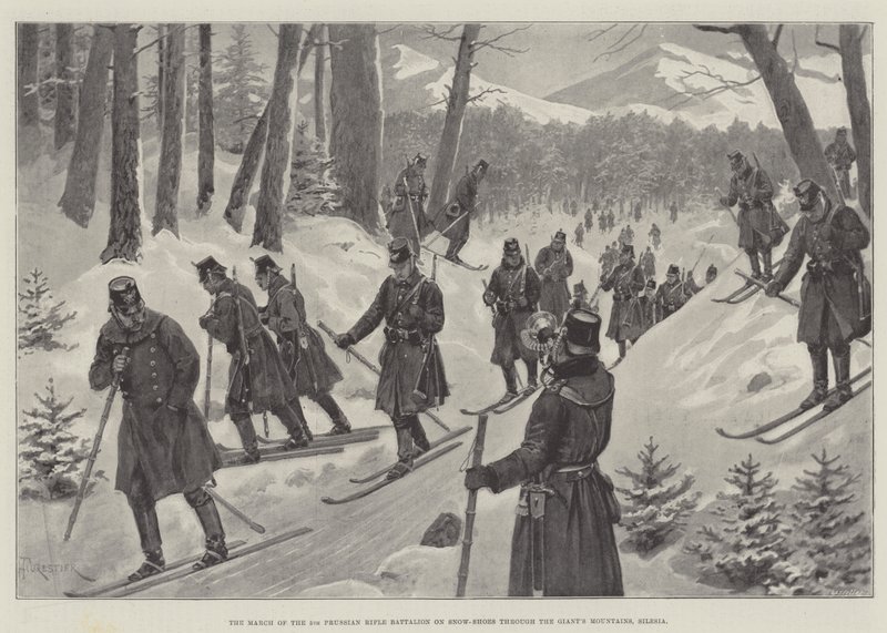 La marcha del 5º Batallón de Fusileros Prusianos con raquetas de nieve a través de las Montañas del Gigante, Silesia de Amedee Forestier