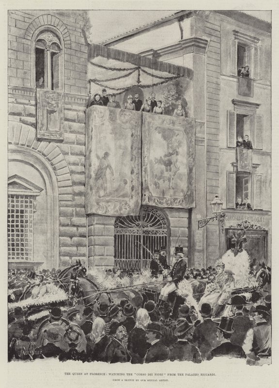 La Reina en Florencia, observando el Corso dei Fiori desde el Palazzo Riccardi de Amedee Forestier