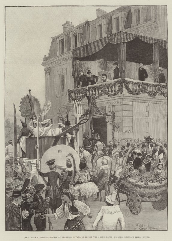 La Reina en Grasse, Batalla de Flores, Cabalgata frente al Gran Hotel, Princesa Beatriz dando dinero de Amedee Forestier