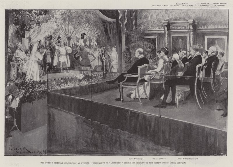 Celebración del Cumpleaños de la Reina en Windsor, Representación de Lohengrin ante Su Majestad por la Compañía de Ópera de Covent Garden de Amedee Forestier