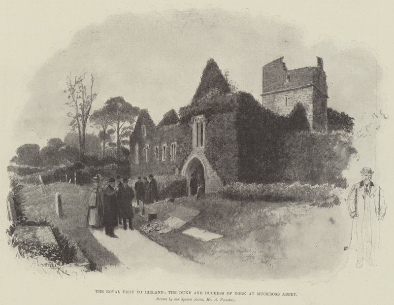 La visita real a Irlanda, el duque y la duquesa de York en la Abadía de Muckross de Amedee Forestier