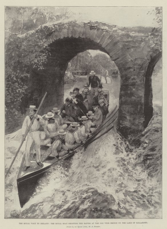 La visita real a Irlanda, el bote real atravesando los rápidos en el Puente Old Weir en el Lago de Killarney de Amedee Forestier