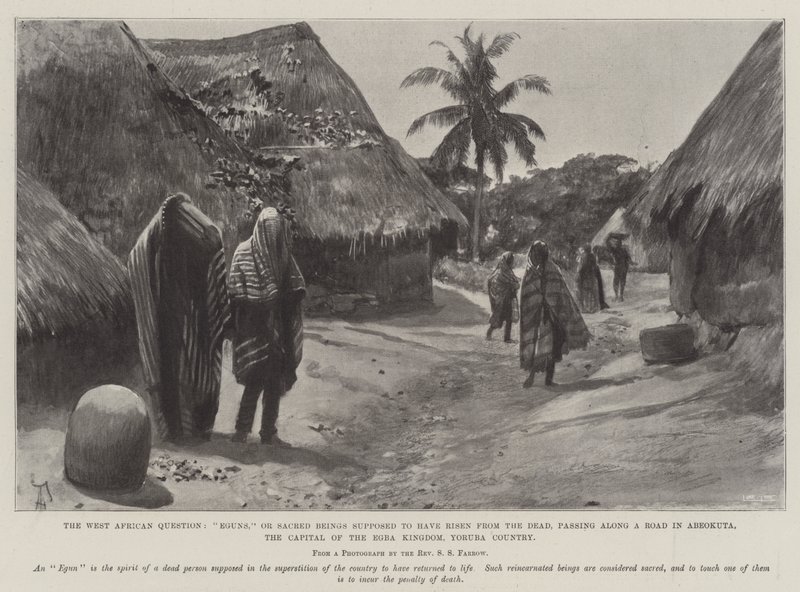 La cuestión de África Occidental, Eguns, o Seres Sagrados supuestamente resucitados, pasando por un camino en Abeokuta, la capital del Reino Egba, país Yoruba de Amedee Forestier
