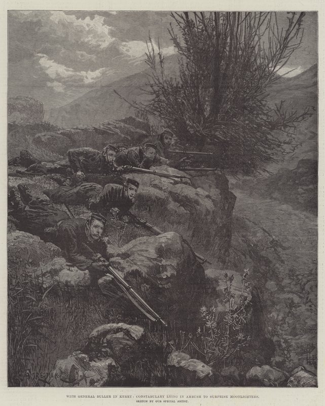 Con el General Buller en Kerry, Constabularia tendiendo una emboscada para sorprender a los Moonlighters de Amedee Forestier
