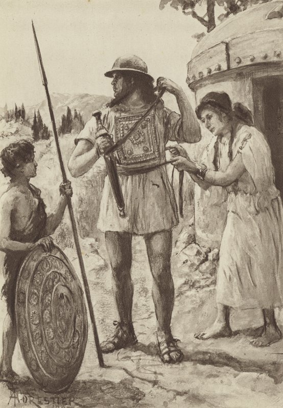 Un agricultor itálico de la Edad de Bronce armándose para la batalla de Amedee (after) Forestier