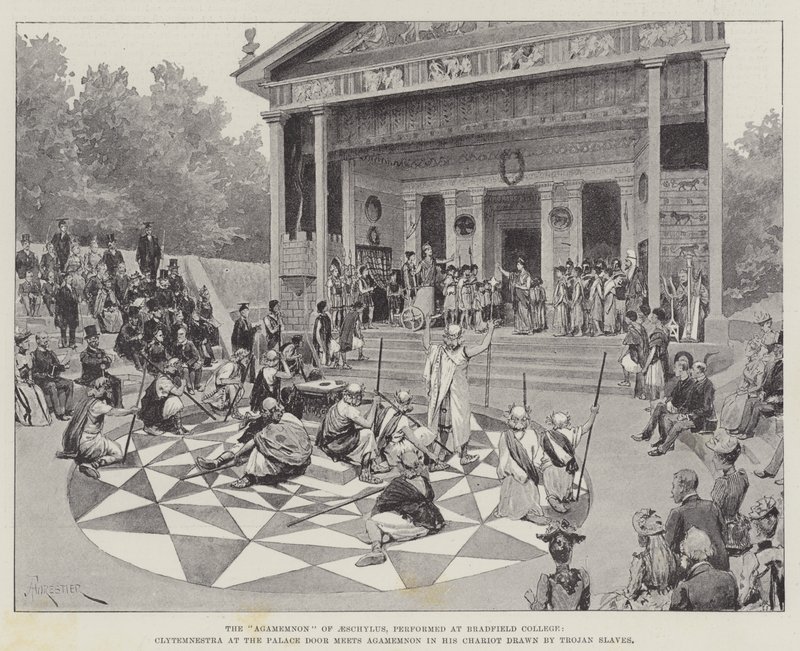 El "Agamenón" de Esquilo, representado en Bradfield College, Clitemnestra en la Puerta del Palacio se encuentra con Agamenón en su carro tirado por sus esclavos troyanos de Amedee (after) Forestier