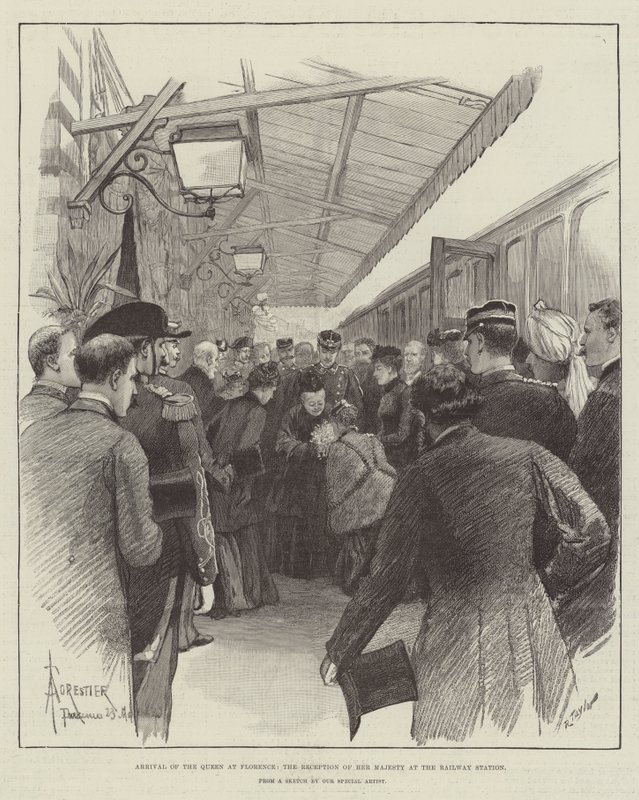 Llegada de la Reina a Florencia, la recepción de Su Majestad en la estación de tren de Amedee Forestier
