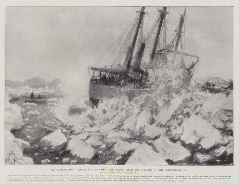 La expedición polar del Dr. Nansen, liberando el Fram de la presión del hielo circundante de Amedee Forestier