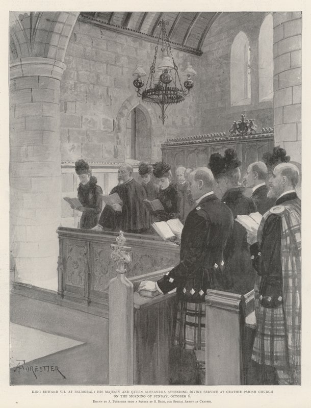 El rey Eduardo VII en Balmoral, Su Majestad y la reina Alexandra asistiendo al servicio divino en la iglesia parroquial de Crathie la mañana del domingo 6 de octubre de Amedee Forestier