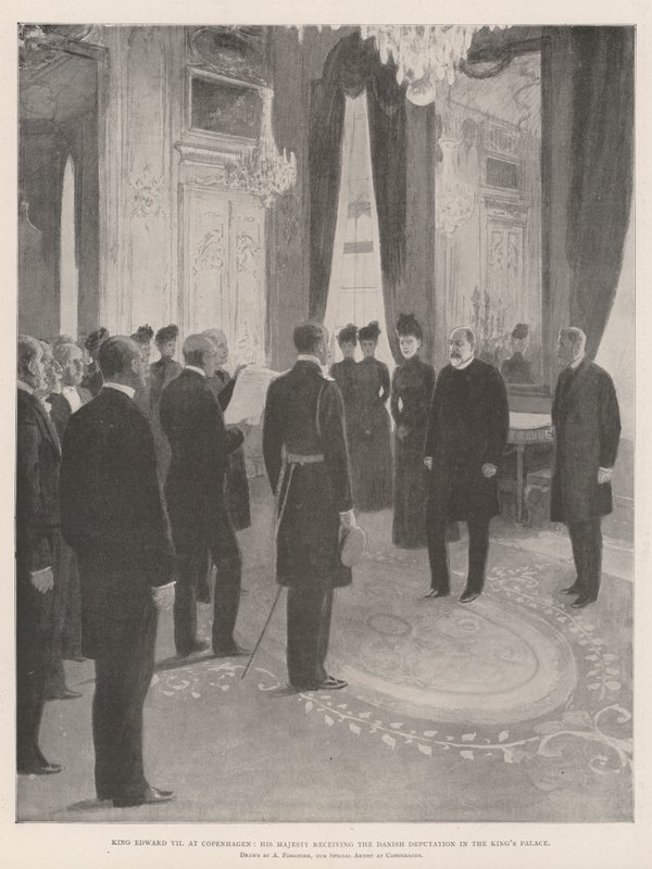 El rey Eduardo VII en Copenhague, Su Majestad recibiendo la delegación danesa en el Palacio del Rey de Amedee Forestier