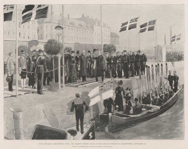 El tour continental del Rey Eduardo, Su Majestad despidiéndose del Rey de Suecia en Helsingborg, 20 de septiembre de Amedee Forestier