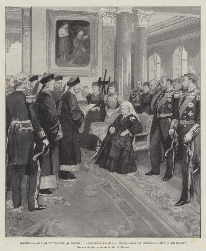 Visita de Li-Hung-Chang a la Reina en Osborne, Su Excelencia leyendo un discurso del Emperador de China a Su Majestad de Amedee Forestier