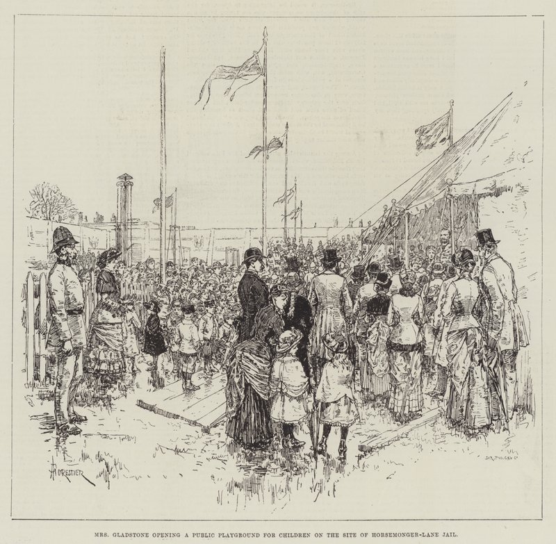 La Sra. Gladstone inaugurando un parque infantil público en el sitio de la cárcel de Horsemonger-Lane de Amedee Forestier